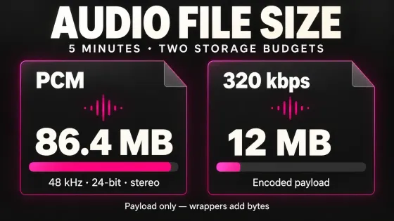 Five minutes of 48 kHz 24-bit stereo PCM use 86.4 MB; a 320 kbps encoded payload uses 12 MB