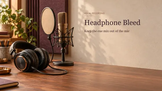 Closed-back headphones beside a studio microphone and pop filter on a walnut recording desk