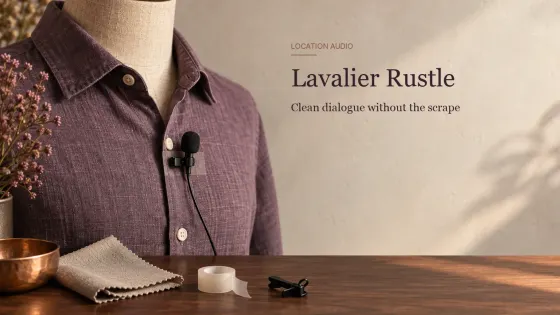 Lavalier microphone clipped to a cotton shirt with mounting tape and fabric swatch nearby