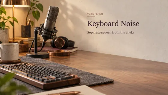 Mechanical keyboard on a felt mat positioned away from a studio microphone