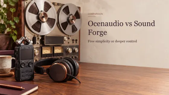Ocenaudio and Sound Forge comparison represented by reel-to-reel tape, a portable recorder and studio headphones