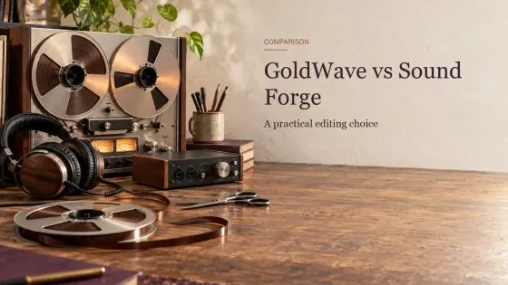 GoldWave and Sound Forge comparison represented by reel-to-reel tape, editing scissors and an audio waveform editor