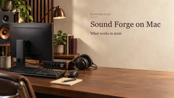 Рабочее место с компьютером, монитором и аудиооборудованием для Sound Forge на Windows