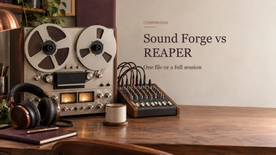 A reel-to-reel deck and headphones beside a compact multitrack mixer for comparing Sound Forge Pro with REAPER