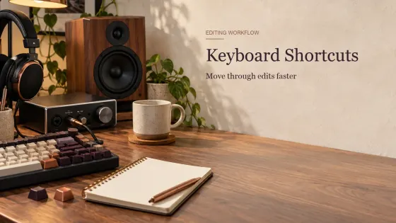 A mechanical keyboard, audio interface and waveform editing notes arranged for Sound Forge Pro keyboard shortcuts