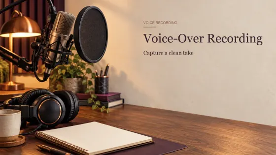 A broadcast microphone with pop filter, headphones and script pad for voice-over recording in Sound Forge Pro