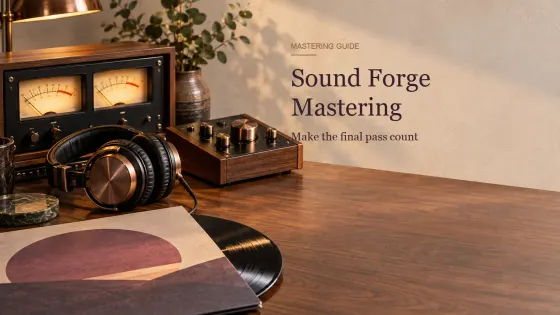 A vintage mastering meter, studio headphones and analog control box arranged for mastering in Sound Forge Pro