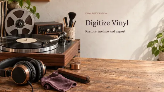 A turntable with a black record, audio interface, magnetic tape and headphones for vinyl restoration in Sound Forge Pro