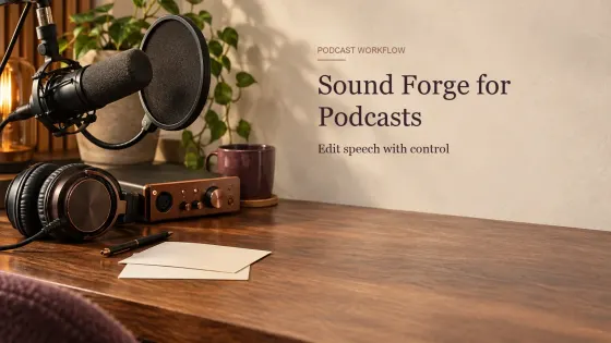 A podcast microphone, pop filter, headphones and audio interface arranged for editing speech in Sound Forge Pro