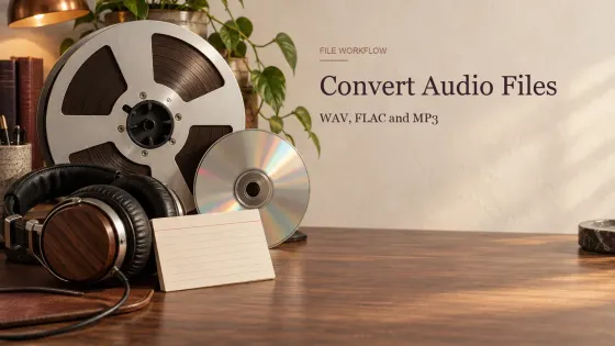 Magnetic tape, a compact disc and audio files arranged to illustrate WAV, FLAC and MP3 conversion in Sound Forge Pro