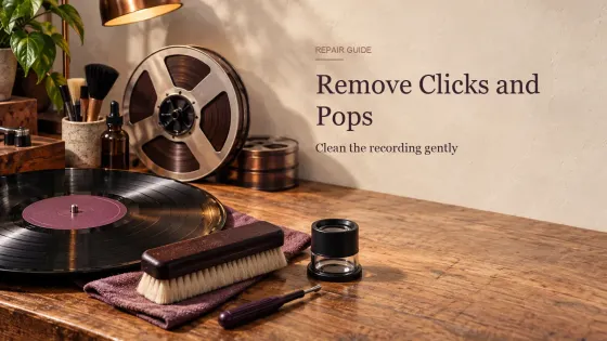 A vinyl record, cleaning brush and stylus magnifier arranged for removing clicks and pops in Sound Forge Pro
