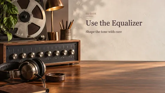 A tactile rotary equalizer, magnetic tape and studio headphones arranged for shaping tone in Sound Forge Pro