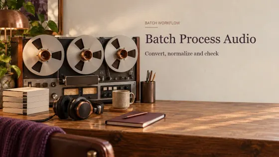 Three matching tape reels and archive cards arranged for batch processing audio files in Sound Forge Pro