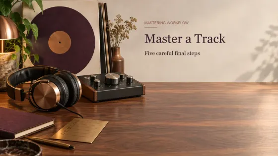 A vinyl record, studio headphones and analog control unit arranged for a five-step Sound Forge Pro mastering workflow