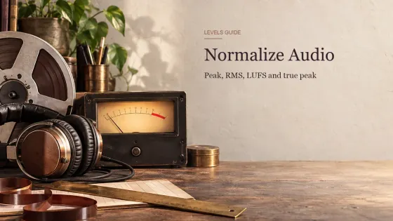 A vintage level meter, brass ruler, magnetic tape and headphones arranged for normalizing audio in Sound Forge Pro