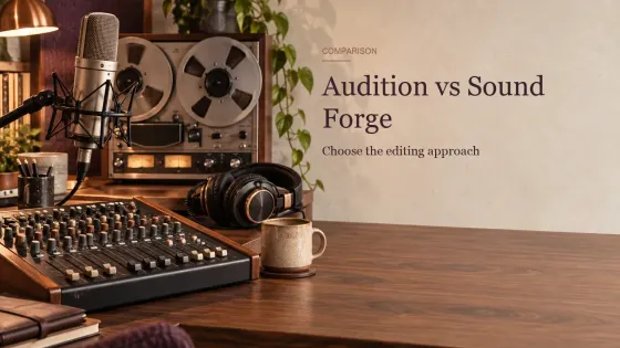 Микрофон и микшер рядом с магнитофоном и наушниками для сравнения Adobe Audition и Sound Forge Pro