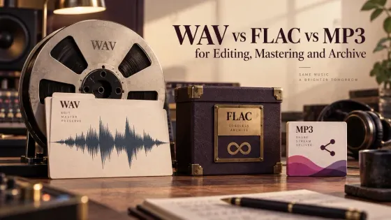 WAV, FLAC and MP3 labels arranged to compare production, lossless archives and delivery formats