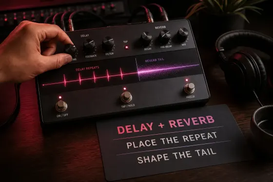 Illustrated delay and reverb controls with repeat placement and tail shaping reminders