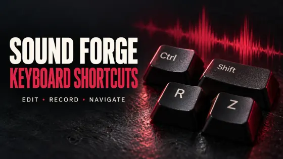 Sound Forge keyboard shortcuts with Ctrl, Shift, R and Z keycaps and an audio waveform