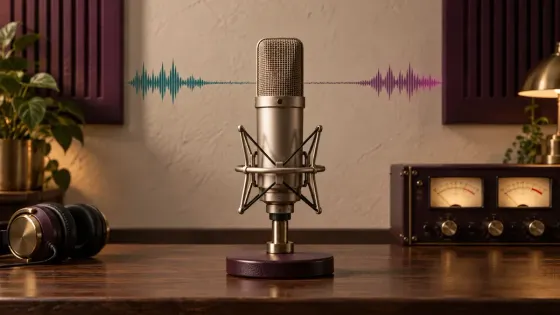 Studio microphone, VU meters, headphones and a speech waveform with a clean room-tone interval.