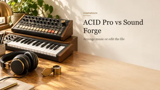 A two-octave keyboard and a drum machine beside closed-back headphones and a brass jeweler's loupe on an oak desk.