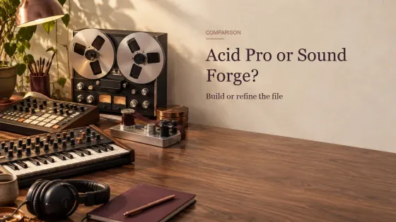 A drum machine, a synthesizer and headphones next to a reel-to-reel deck, beside the title Acid Pro or Sound Forge?