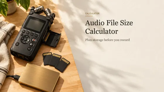 A field recorder with its card door open, three SD cards and a brass external drive on a maple tabletop.
