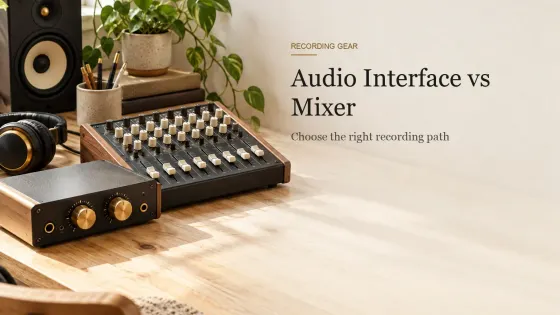 A two-channel audio interface with brass knobs next to a small analog mixer with cream knobs and faders on a maple workbench.