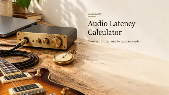 An audio interface with a guitar cable plugged in, a closed laptop and a brass stopwatch on an oak workbench.