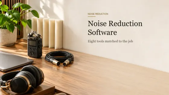 A closed laptop, a portable recorder, a coiled cable and a cream foam acoustic wedge on a walnut desk.