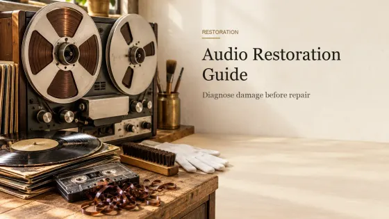 A vintage reel-to-reel recorder on a workbench with a worn tape reel, a crinkled cassette, a scratched disc, a brush and cotton gloves.