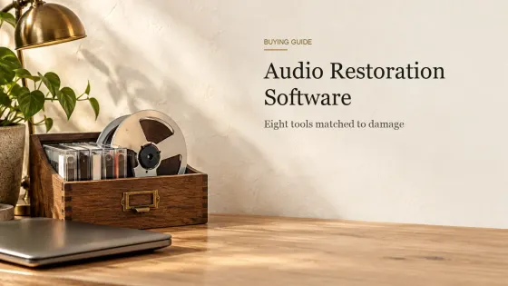 A small open wooden box of cassettes and a reel-to-reel tape spool beside a closed laptop on an oak desk.