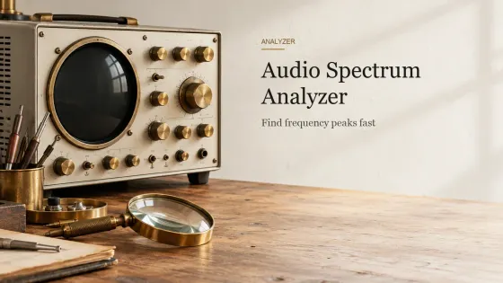 A cream benchtop analyzer instrument with brass knobs and a blank round display window, with a brass magnifying glass on a workbench.