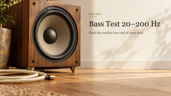 A walnut subwoofer with its grille removed, resting on a brass spike foot on oak floorboards beside a coiled cream cable.