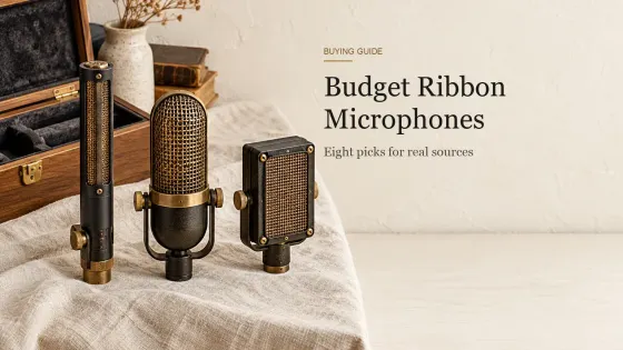 Three ribbon microphones of different shapes and an open wooden case on a cream linen tablecloth.