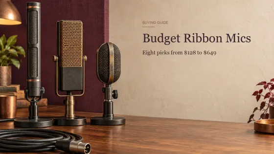 Three ribbon microphones of different shapes on desk stands with an XLR cable coiled in front