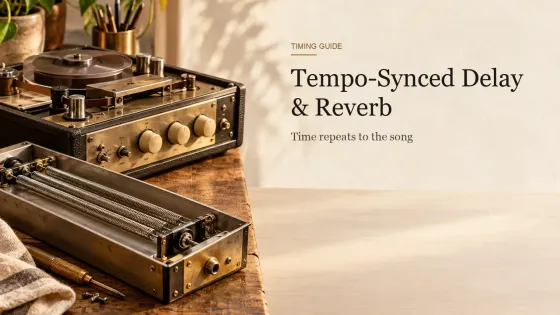 An open spring reverb tank with visible springs beside a vintage tape echo unit with cream knobs on a workbench.
