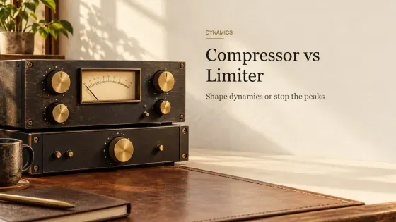 Two stacked hardware dynamics units with brass knobs and a blank cream needle meter on a leather-topped desk.