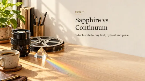 A vintage camera lens, a metal film reel, a glass prism casting a small rainbow and a coffee mug on a sunlit oak desk, beside the title Sapphire vs Continuum
