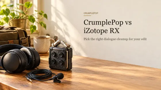 Wooden desk in warm window daylight with a portable field recorder, a lavalier microphone on a coiled cable, closed-back headphones, a coffee mug and a potted plant