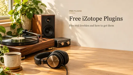 Wooden desk by a sunny window with a turntable holding a black vinyl record, closed-back headphones, a small audio interface and a coffee mug