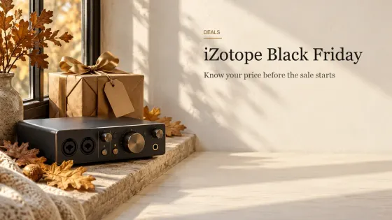Kraft-paper gift box with brass ribbon, a blank price tag on twine, fallen oak leaves and a compact audio interface on a stone windowsill