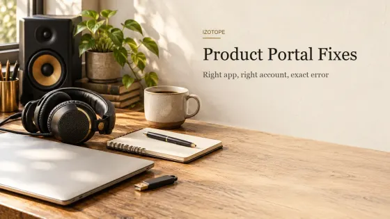 A closed laptop, a USB key, studio headphones, a notepad with a pen, a coffee mug and a studio monitor on a wooden desk in warm daylight