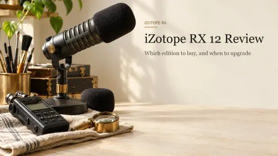 Dynamic broadcast microphone on a desk stand beside a foam windscreen, a compact field recorder on folded linen and a brass magnifying loupe