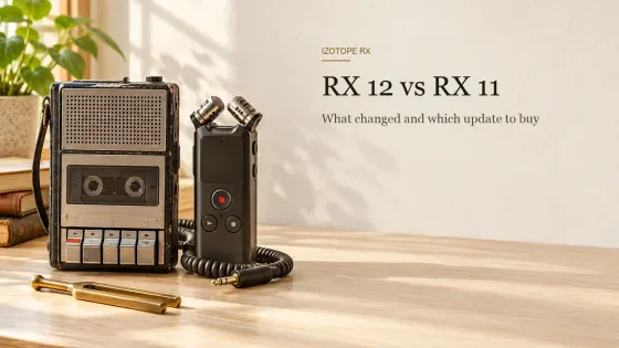 Vintage cassette recorder with chrome piano-key buttons beside a compact handheld digital recorder on a light wooden desk in morning daylight, next to the headline RX 12 vs RX 11