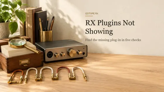 Brass magnifying glass resting on an open index-card drawer beside a desktop audio interface, with a row of copper and cream patch cables that has one empty gap