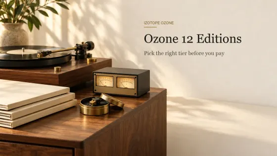 Three stacked vinyl records in cream sleeves, a stylus cartridge in a brass tin and a compact stereo VU meter box on a walnut sideboard