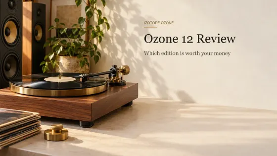 Black vinyl record on a wooden turntable with the tonearm at rest, a brass tone-arm weight and slim floor-standing monitors in warm evening light