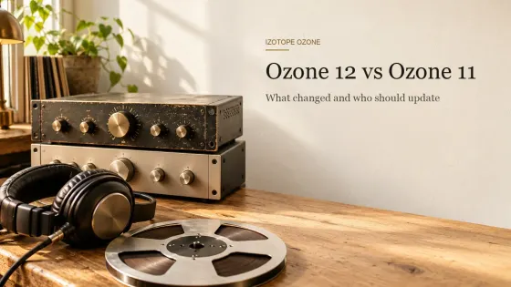 Wooden mastering desk in warm daylight with a worn older hardware unit stacked on a newer clean one, closed-back headphones and a tape reel