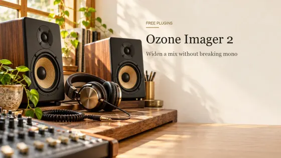 Pair of studio monitors and closed-back headphones on a sunlit wooden mixing desk